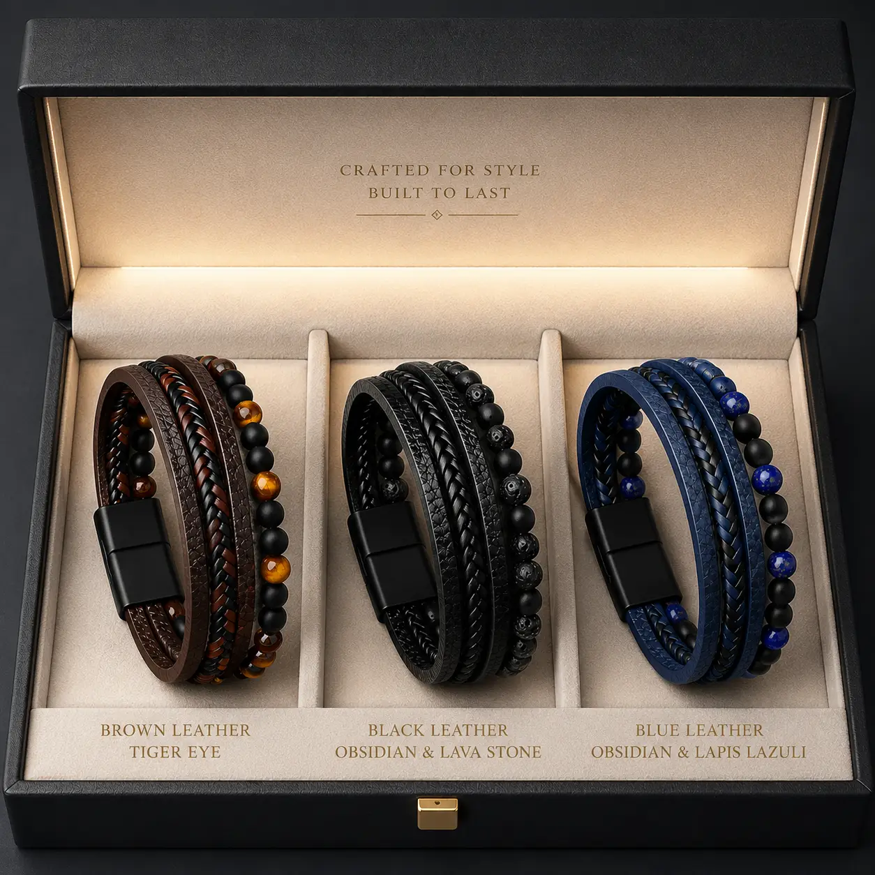 Punk Natural Stone Leather Cuff Bracelet Men Punk Multilayer Leather Wrap Bracelet Jewellery - Image 9