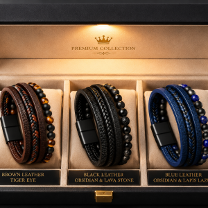 Punk Natural Stone Leather Cuff Bracelet Men Punk Multilayer Leather Wrap Bracelet Jewellery