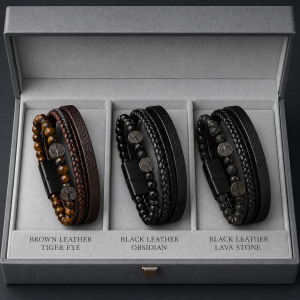 Magnetic Clasp Handmade Woven Men's Leather Bracelet Tree Life Beaded Bracelet with Natural Tiger Eye Lava Stone