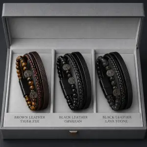 Magnetic Clasp Handmade Woven Men's Leather Bracelet Tree Life Beaded Bracelet with Natural Tiger Eye Lava Stone