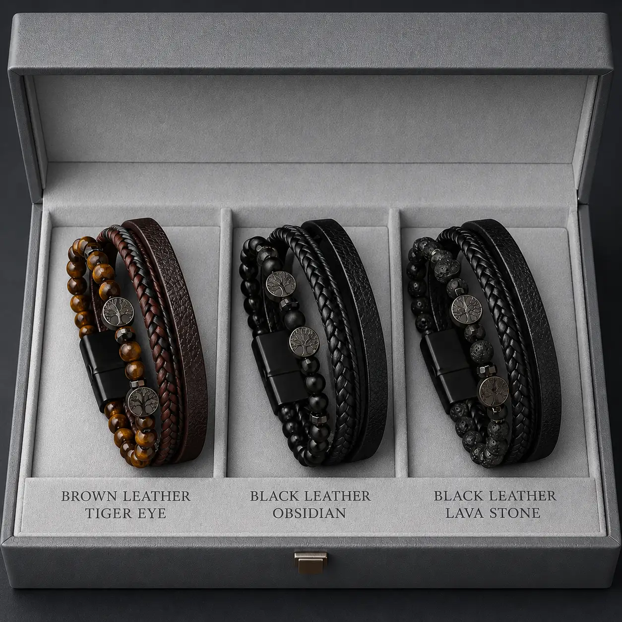 Magnetic Clasp Handmade Woven Men's Leather Bracelet Tree Life Beaded Bracelet with Natural Tiger Eye Lava Stone