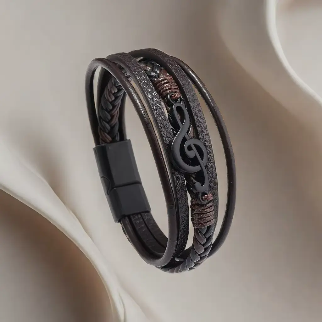 High Quality Genuine Leather Bracelet with a Music Symbol also with Removable Stainless Steel Clasp - Image 3