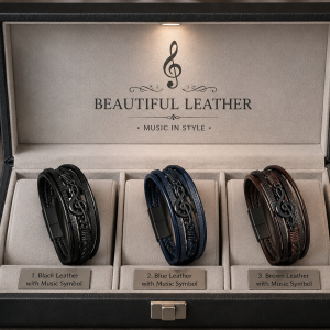 High Quality Genuine Leather Bracelet with a Music Symbol also with Removable Stainless Steel Clasp