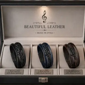 High Quality Genuine Leather Bracelet with a Music Symbol also with Removable Stainless Steel Clasp