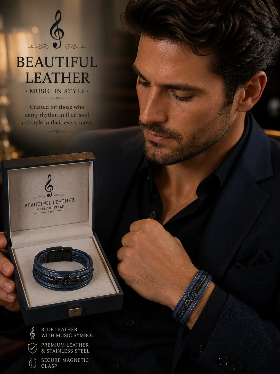 High Quality Genuine Leather Bracelet with a Music Symbol also with Removable Stainless Steel Clasp - Image 4