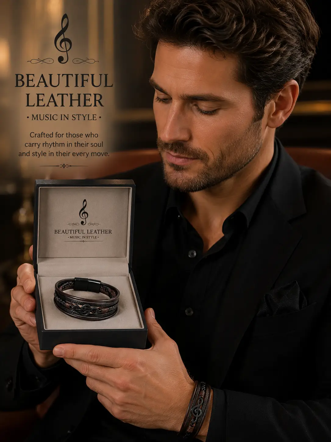 High Quality Genuine Leather Bracelet with a Music Symbol also with Removable Stainless Steel Clasp - Image 6