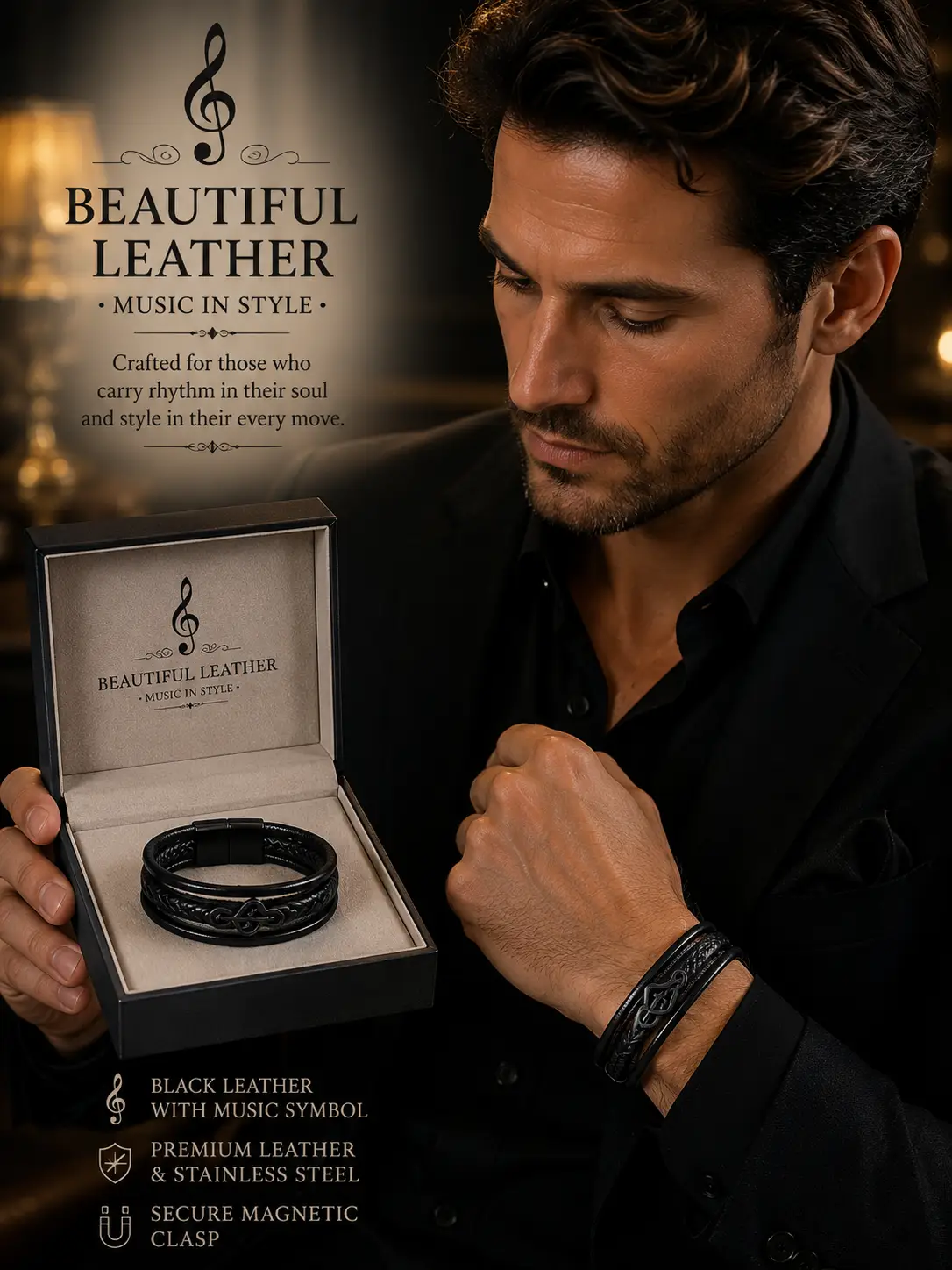 High Quality Genuine Leather Bracelet with a Music Symbol also with Removable Stainless Steel Clasp - Image 2