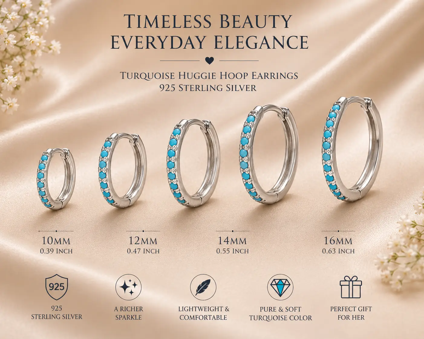 925 Sterling Silver Simple Round Different Size Turquoise Zircon (Copy)
