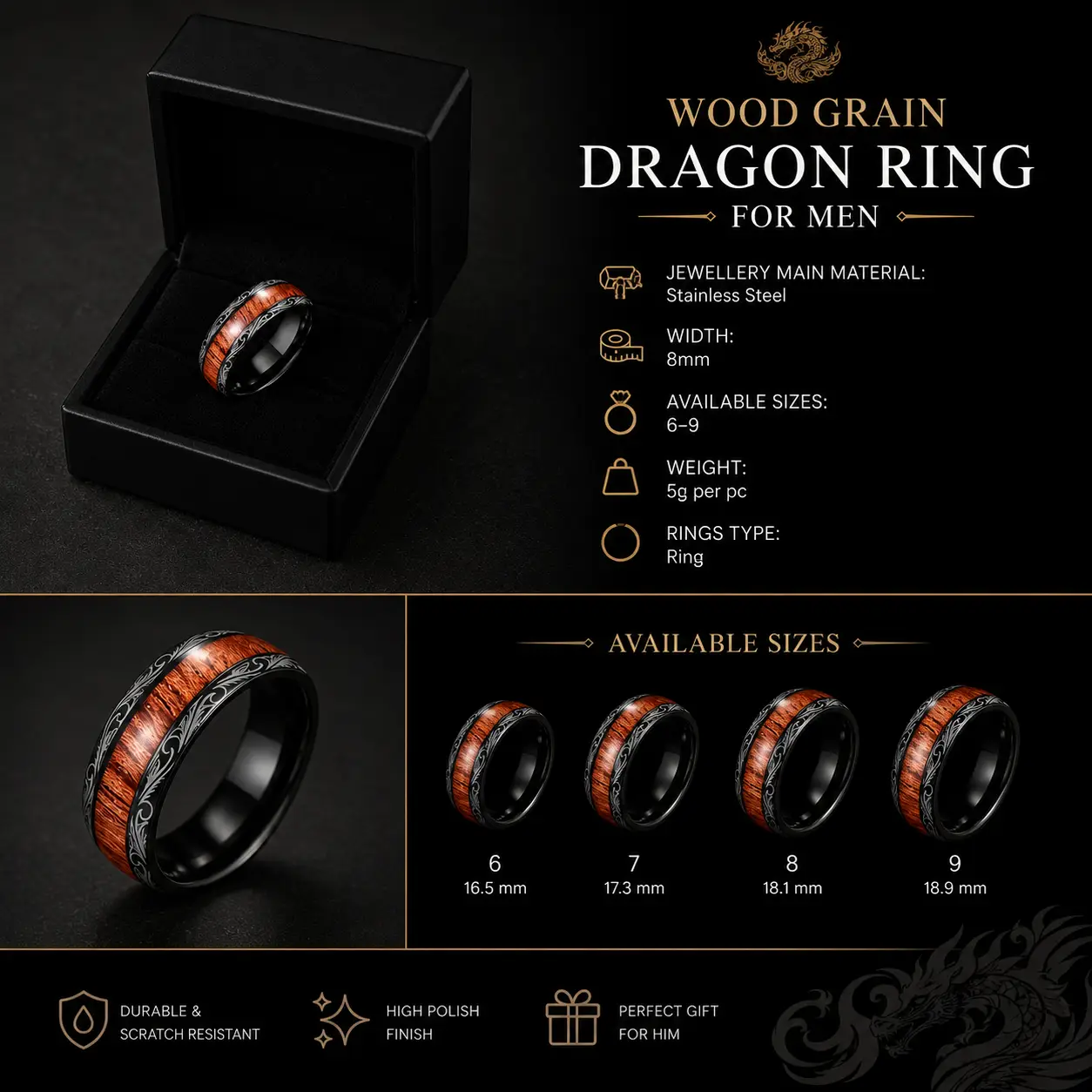 Vintage High-grade Elegant Ring National Style Aristocratic Black Phoenix Figure Wood Grain Dragon Ring for Men - Image 2