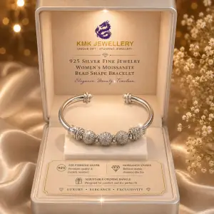 925 Silver Fine Jewellery Women's Moissanite Bead Shape Bracelet Adjustable Opening Bangle