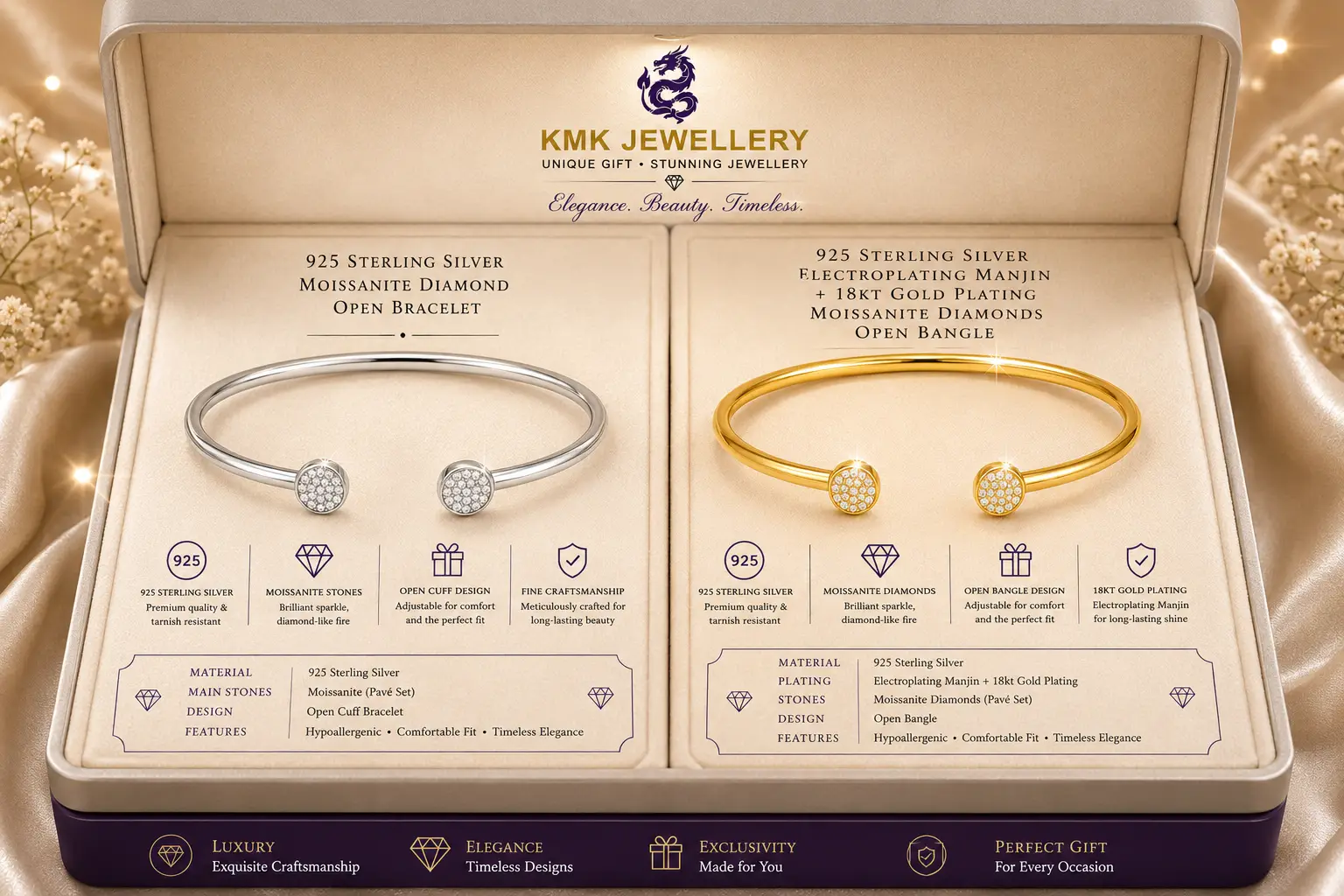 Fine Jewellery 925 Silver Inlaid Moissanite Bracelet Gold Plated Opening Bangle