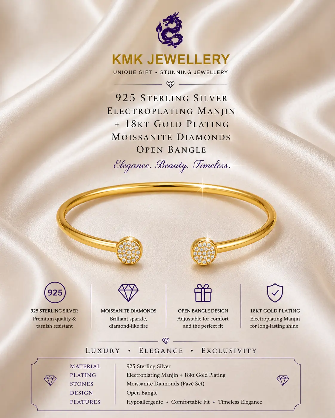 Fine Jewellery 925 Silver Inlaid Moissanite Bracelet Gold Plated Opening Bangle - Image 10