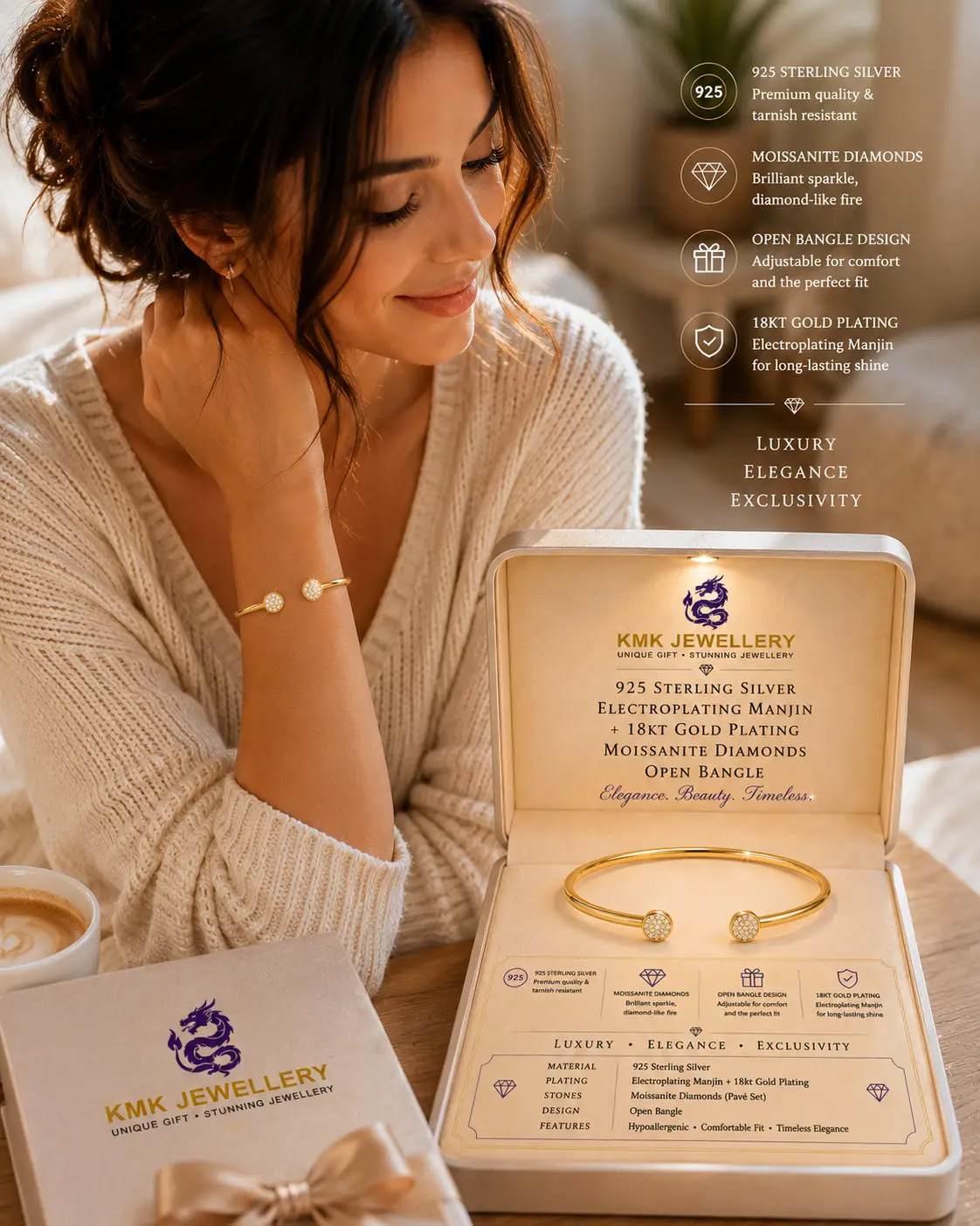 Fine Jewellery 925 Silver Inlaid Moissanite Bracelet Gold Plated Opening Bangle - Image 5