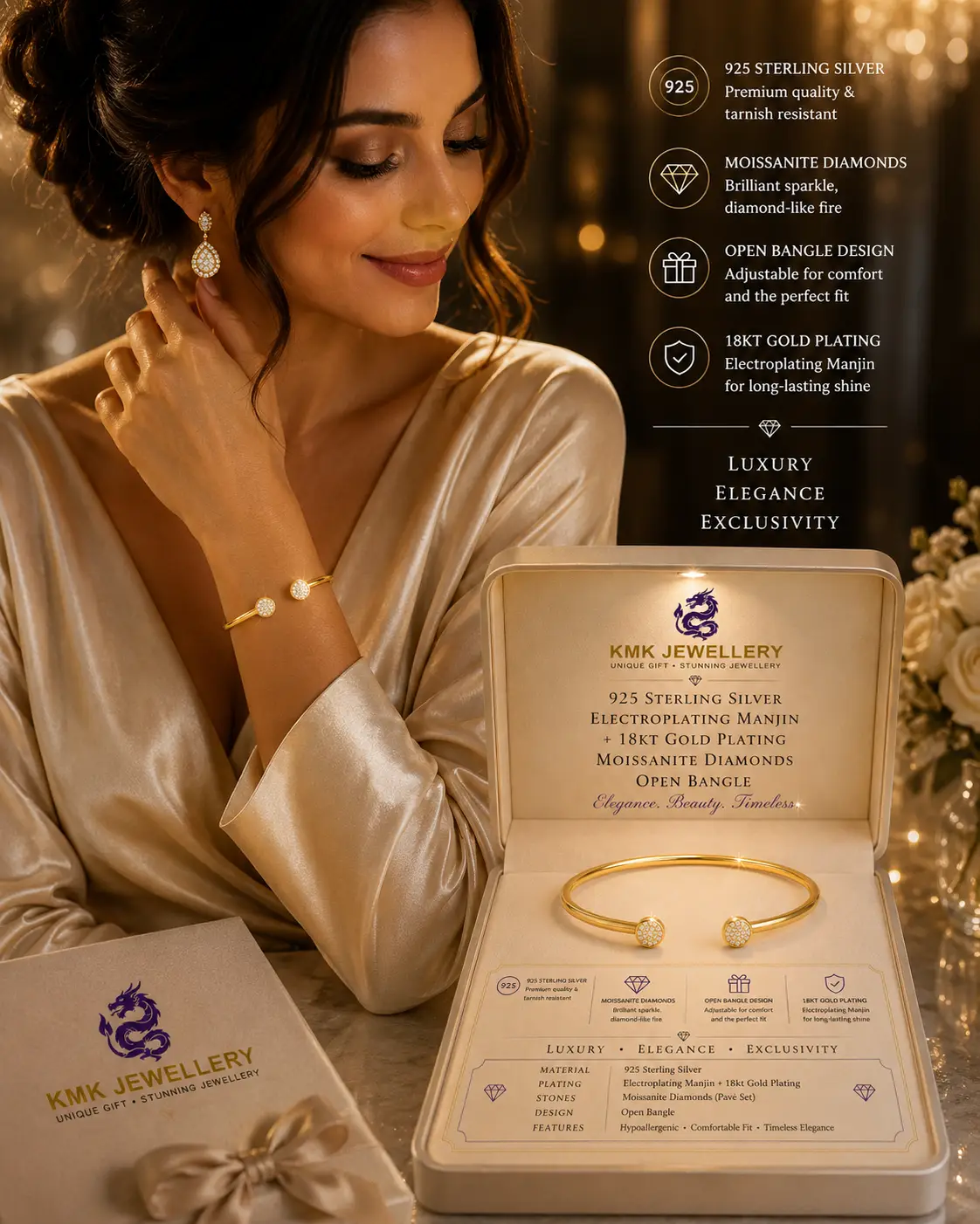 Fine Jewellery 925 Silver Inlaid Moissanite Bracelet Gold Plated Opening Bangle - Image 7
