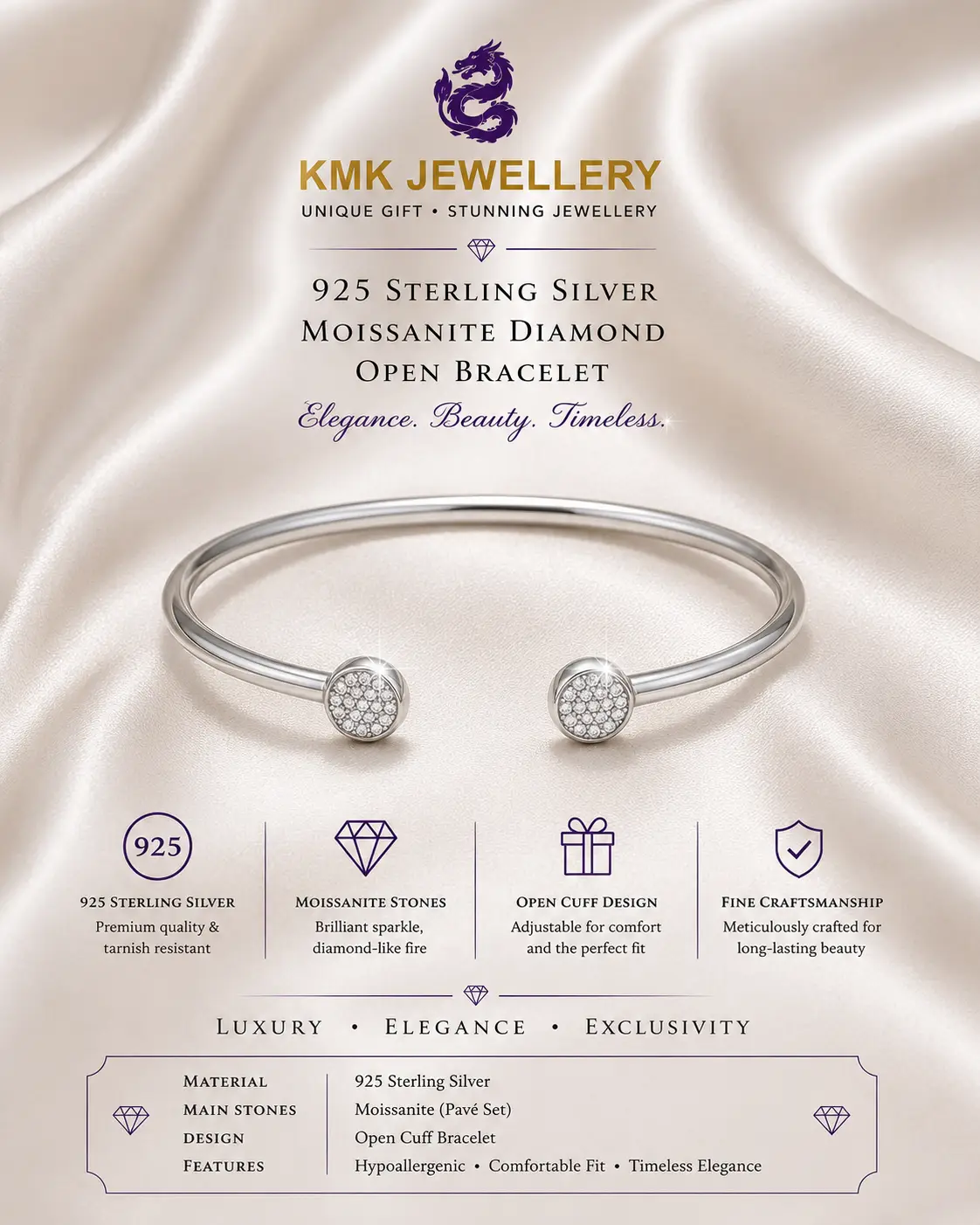 Fine Jewellery 925 Silver Inlaid Moissanite Bracelet Gold Plated Opening Bangle - Image 8
