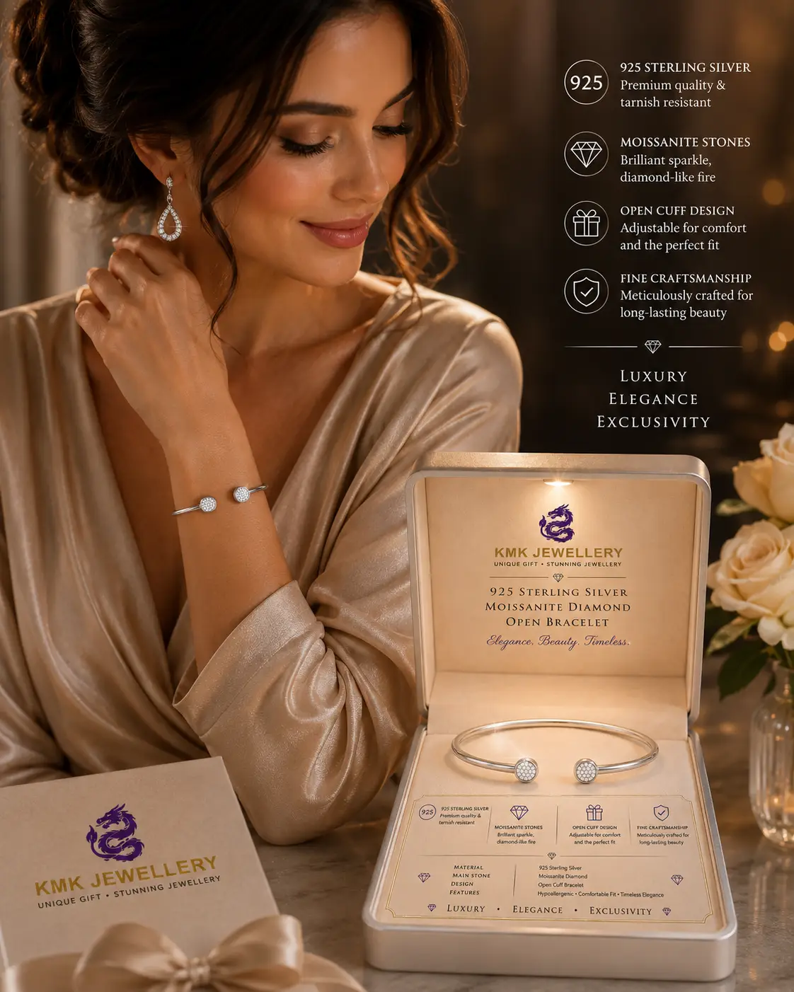 Fine Jewellery 925 Silver Inlaid Moissanite Bracelet Gold Plated Opening Bangle - Image 2