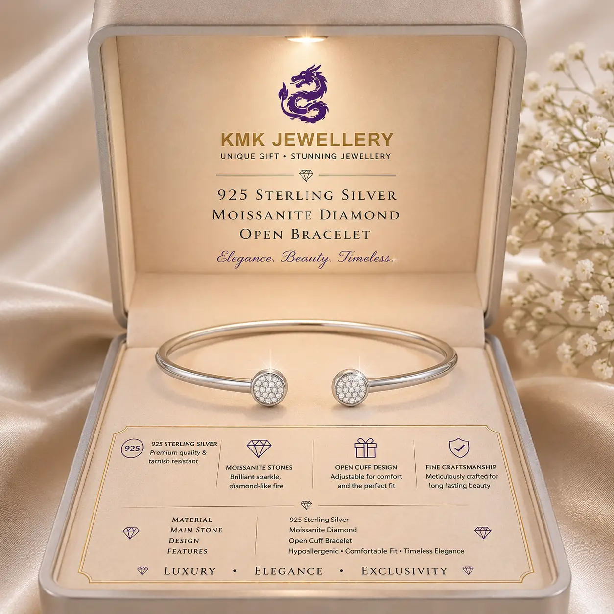Fine Jewellery 925 Silver Inlaid Moissanite Bracelet Gold Plated Opening Bangle - Image 12