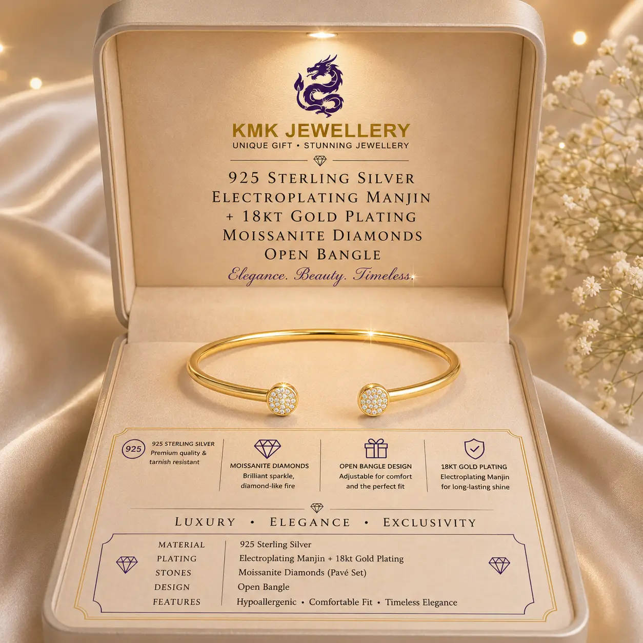 Fine Jewellery 925 Silver Inlaid Moissanite Bracelet Gold Plated Opening Bangle - Image 6