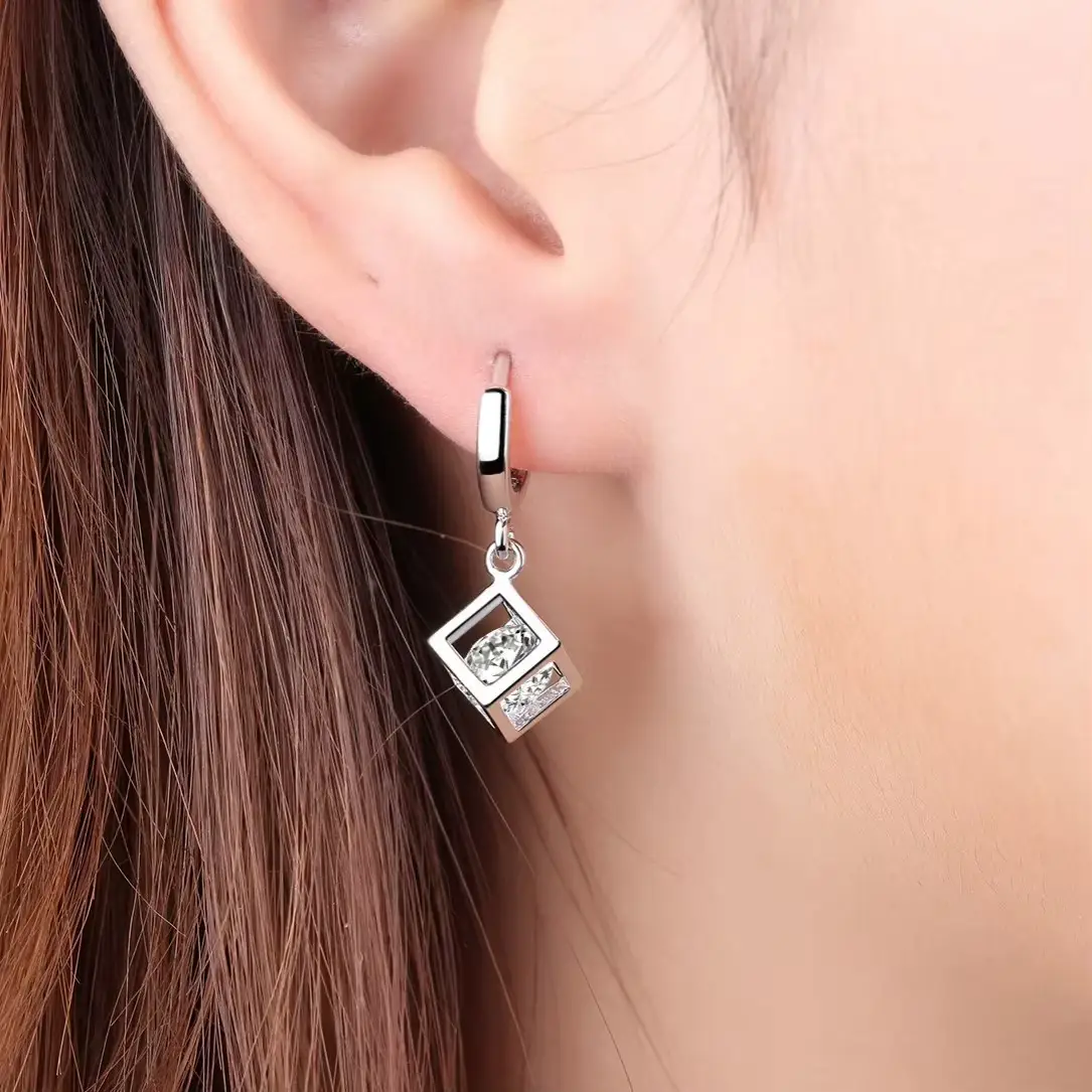 S925 Sterling Silver Hoop Earrings Zircon Women's Rubik's Cube Design - Image 7