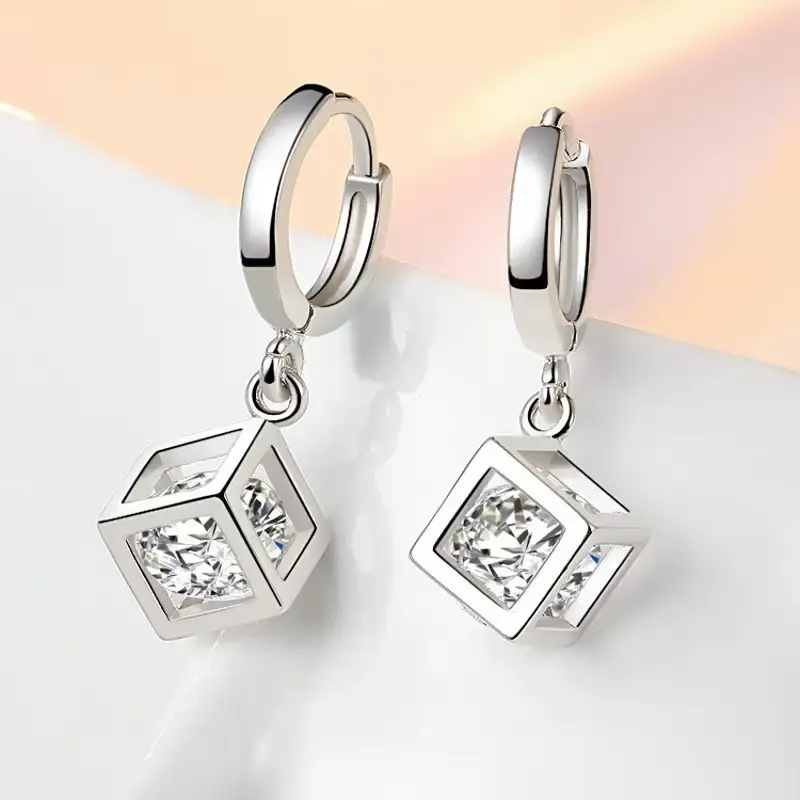 S925 Sterling Silver Hoop Earrings Zircon Women's Rubik's Cube Design - Image 4