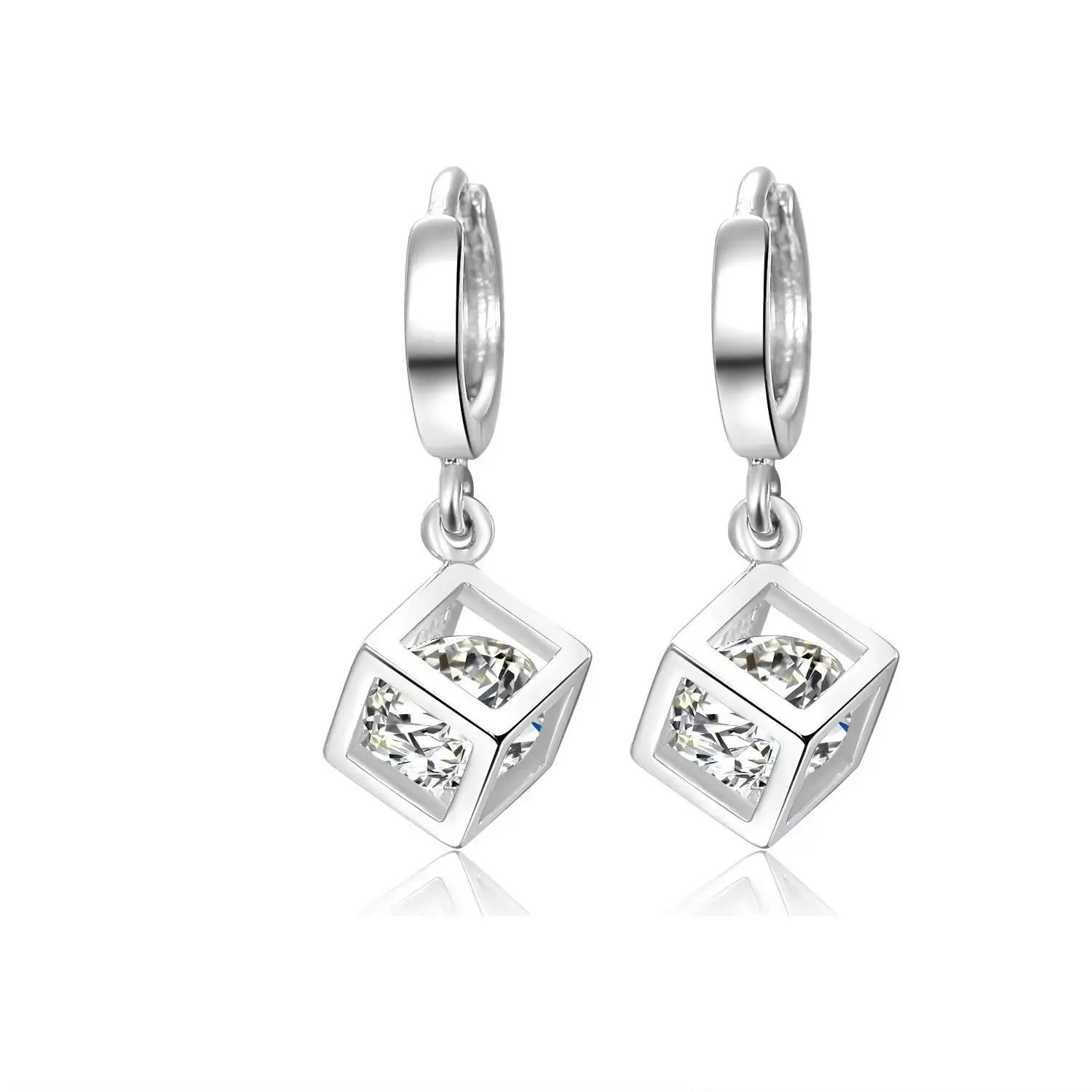S925 Sterling Silver Hoop Earrings Zircon Women's Rubik's Cube Design - Image 6