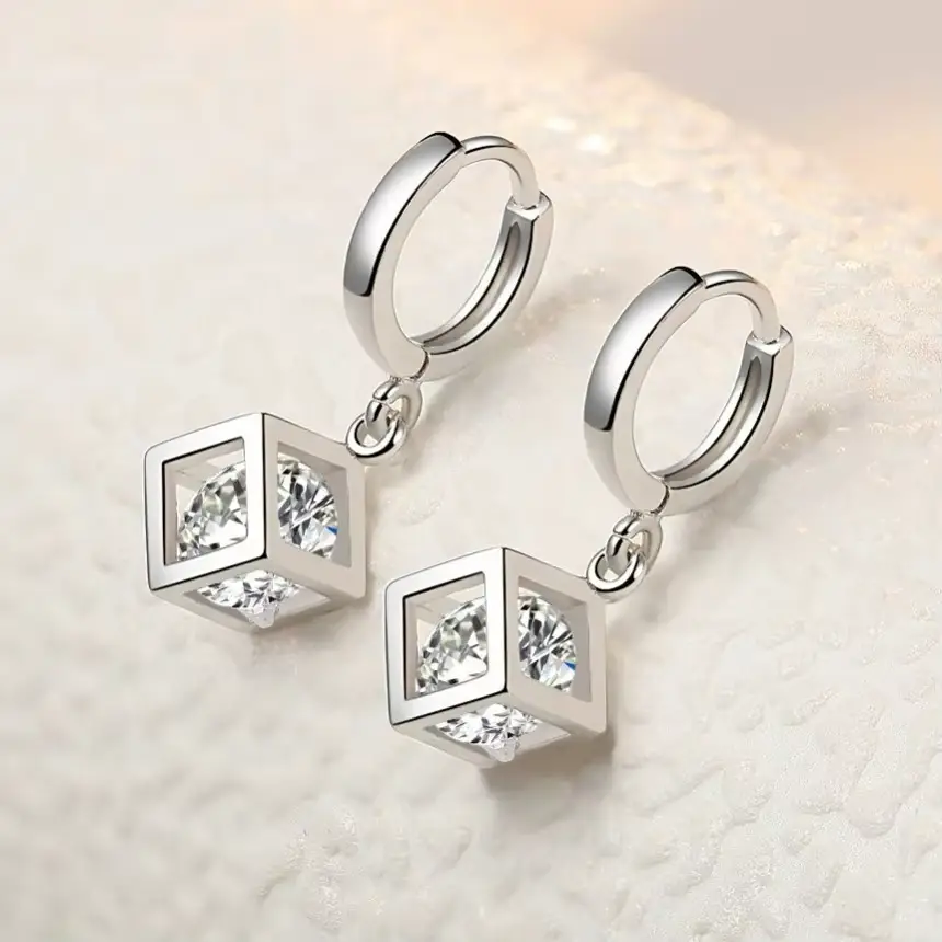 S925 Sterling Silver Hoop Earrings Zircon Women's Rubik's Cube Design - Image 2