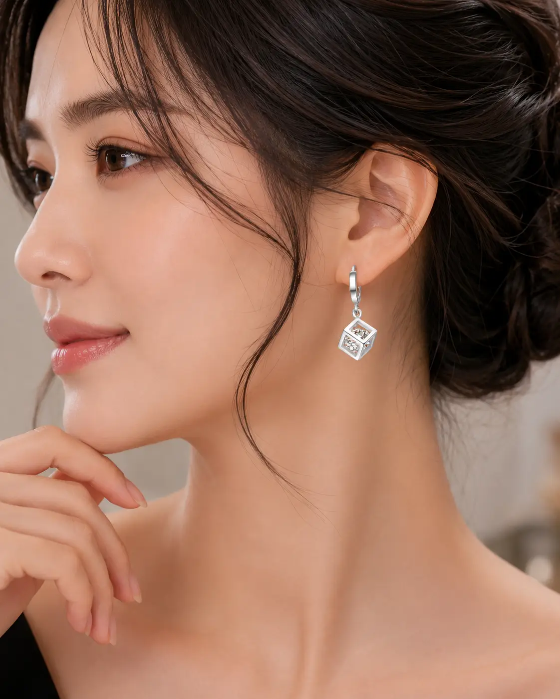 S925 Sterling Silver Hoop Earrings Zircon Women's Rubik's Cube Design - Image 3