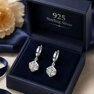 S925 Sterling Silver Hoop Earrings Zircon Women's Rubik's Cube Design