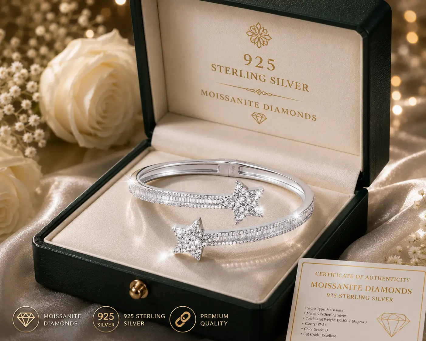 Exquisite Bling Bling Baguette VVS D Moissanite Diamond Bangle Trendy 925 Sterling Silver Star Bracelet