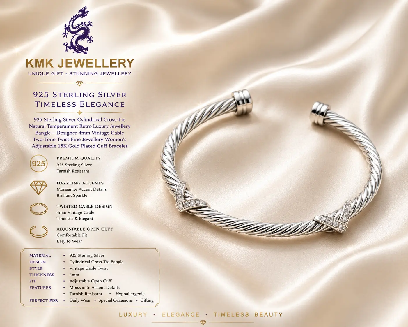 925 Sterling Silver Cylindrical Cross-Tie Natural Temperament Retro Luxury Jewellery Bangle - Image 3