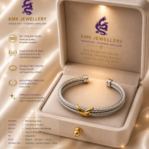 925 sterling silver double twisted bangle with gold plated tie bow bangle