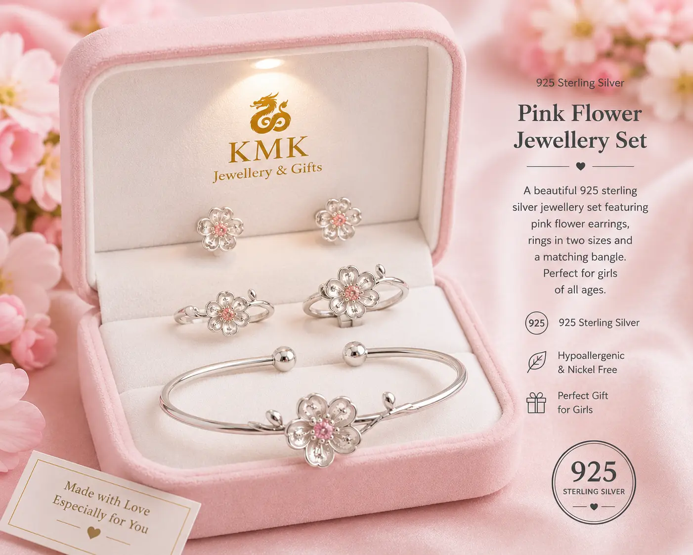 925 Sterling Silver Pink Flower Jewellery for Young Girls