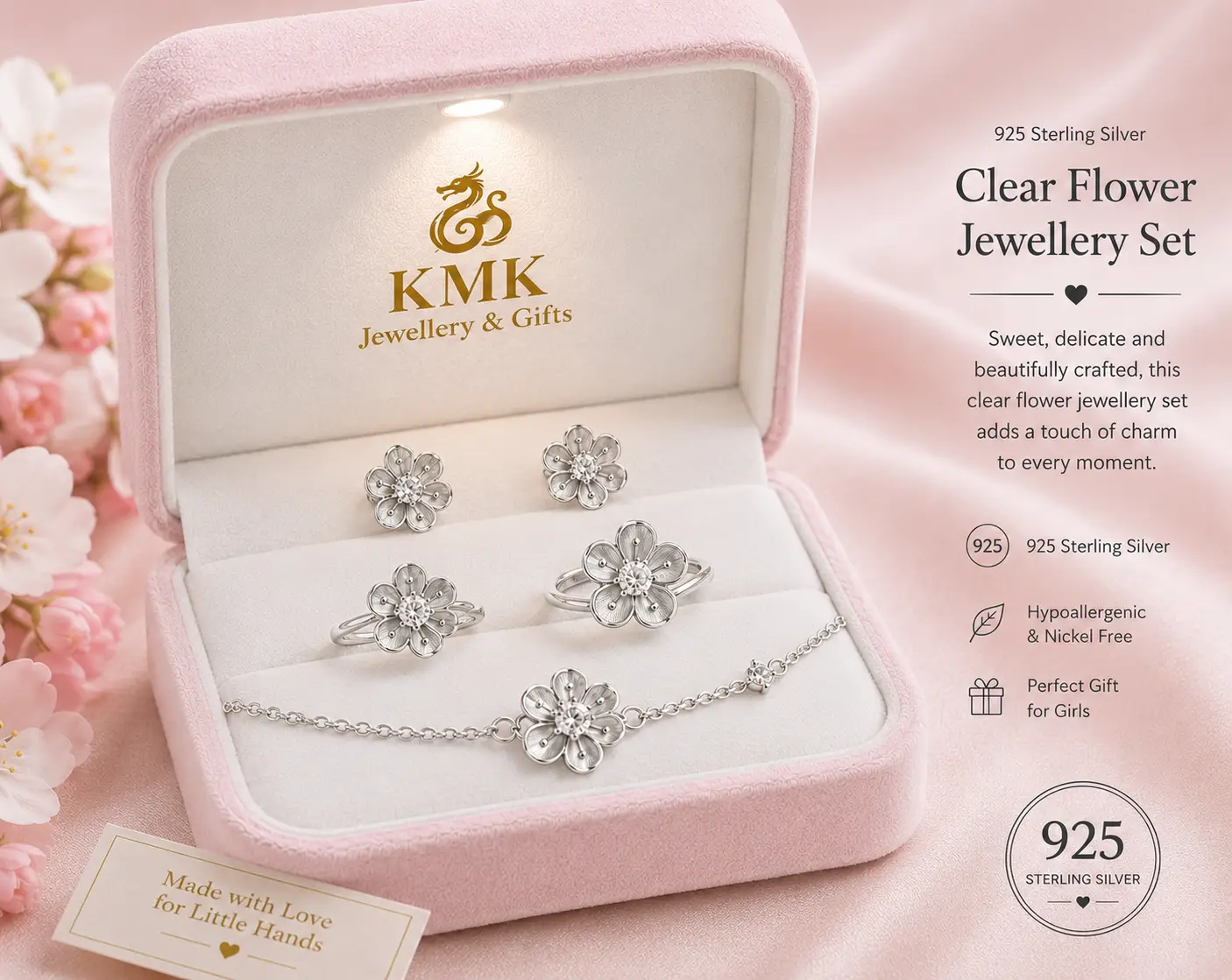 925 Sterling Silver Clear Flower Jewellery Collection for Young Girls