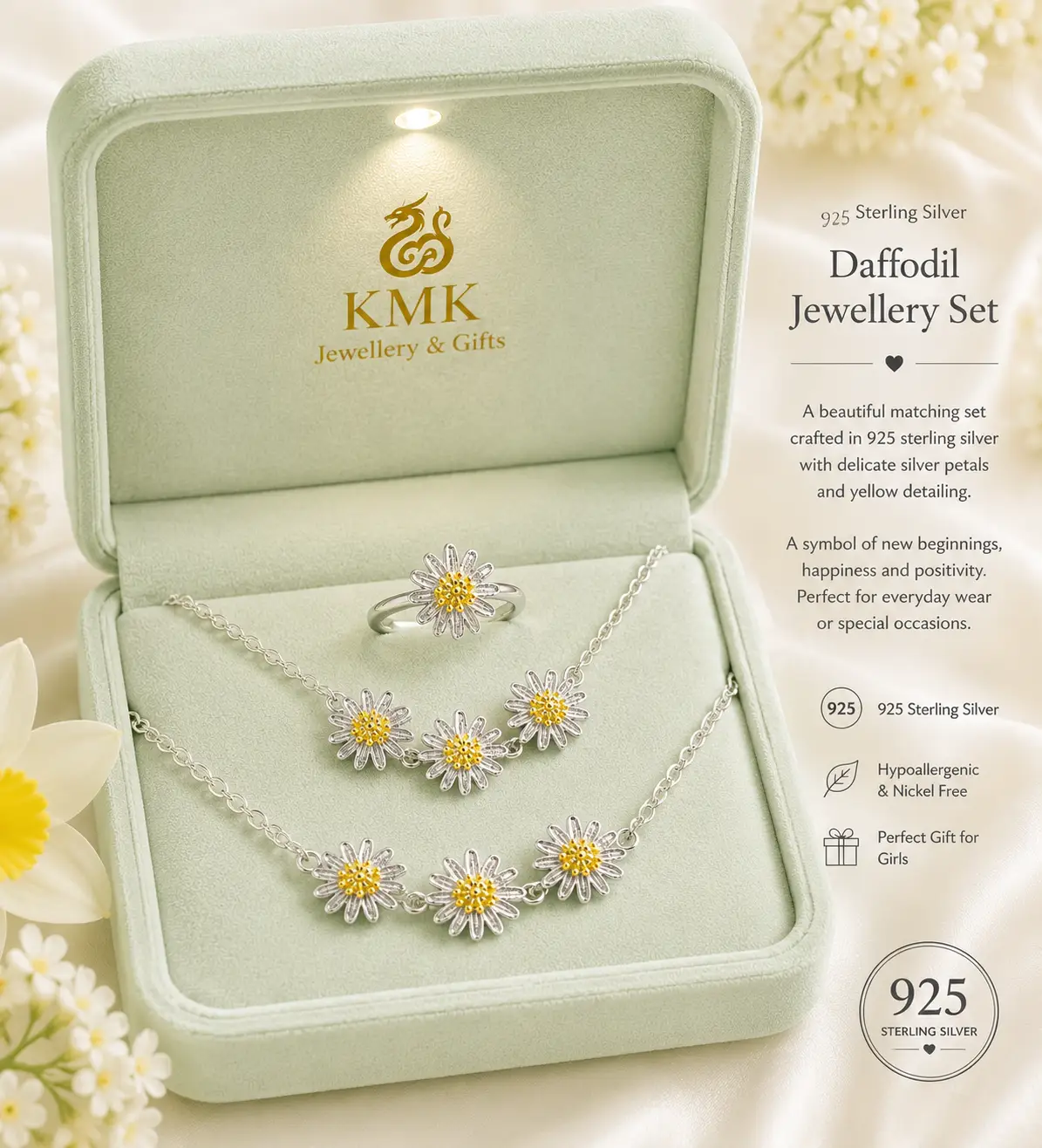 925 Sterling Silver Daffodil Jewellery Set for Young Girls