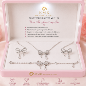 925 Sterling Silver Jewellery Sets Shiny Zirconia Bow Tie earrings, Bracelet and Necklace