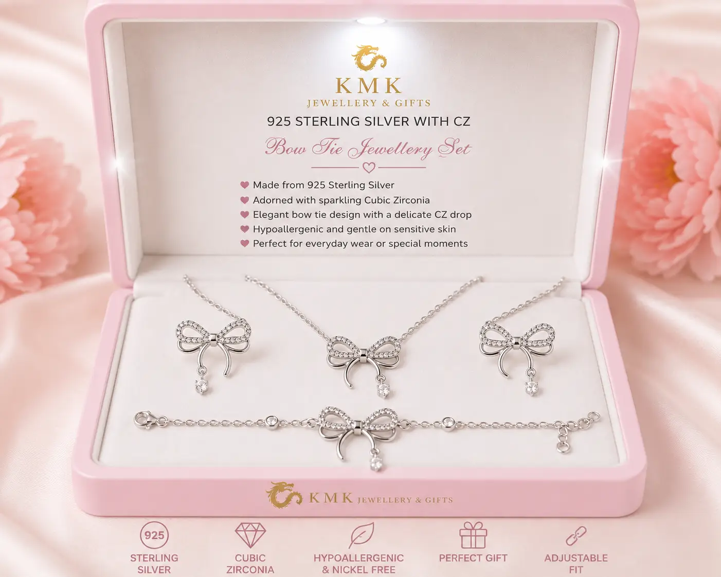 925 Sterling Silver Jewellery Sets Shiny Zirconia Bow Tie earrings, Bracelet and Necklace