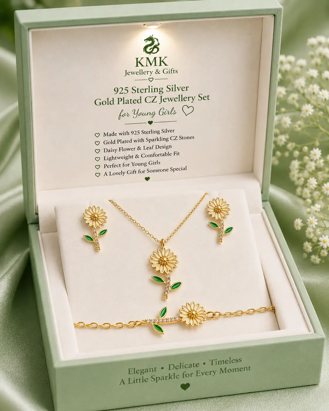 925 Sterling Silver Gold Plated CZ Sunflower Jewellery Collection for Girls