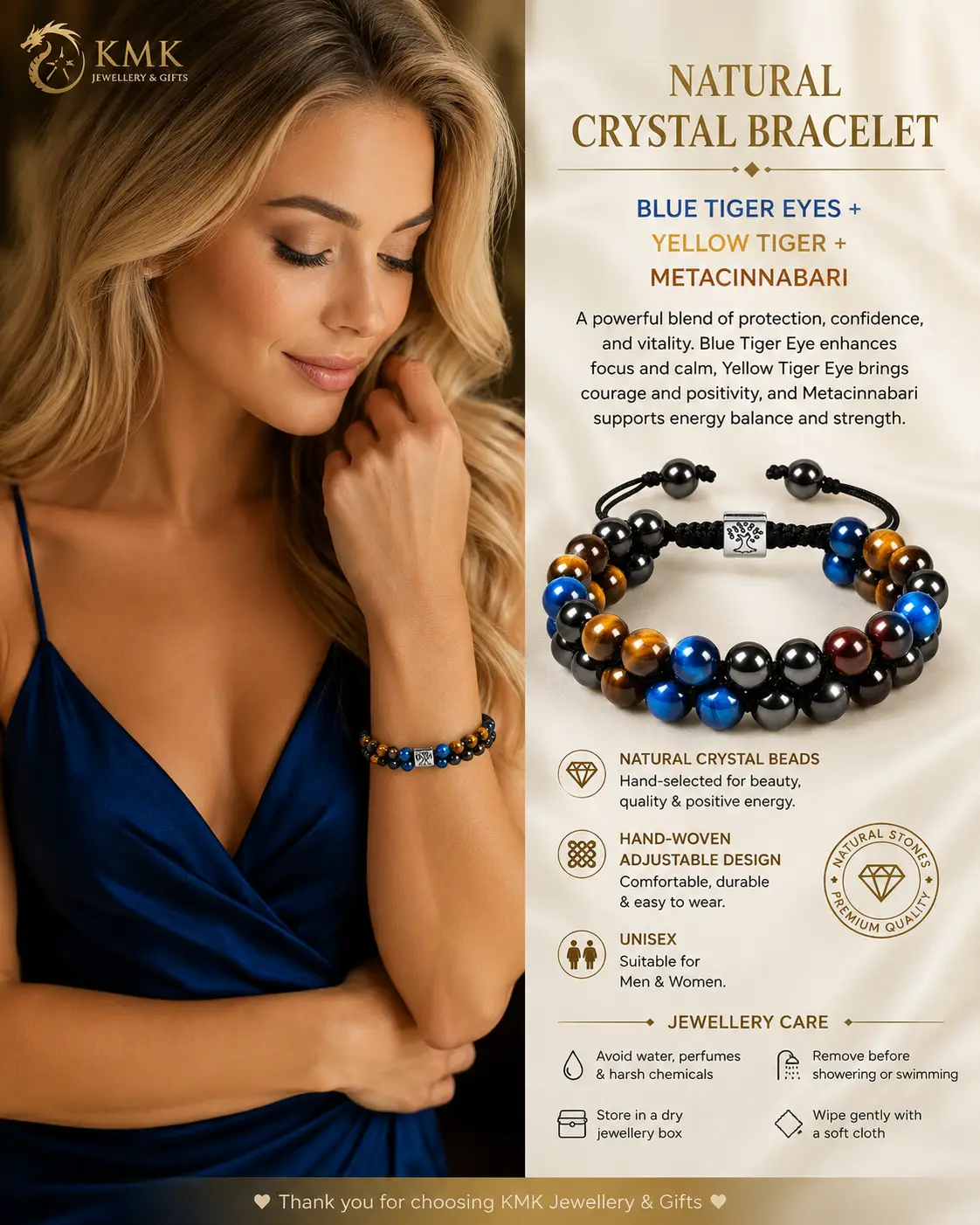 8MM Blue Tiger Eye Stone Black Magnet Bracelet Double Layer Hand-woven Black Agate Double Row Bracelet for Men and Women - Image 2