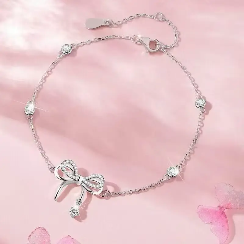 925 Sterling Silver Jewellery Sets Shiny Zirconia Bow Tie earrings, Bracelet and Necklace - Image 11