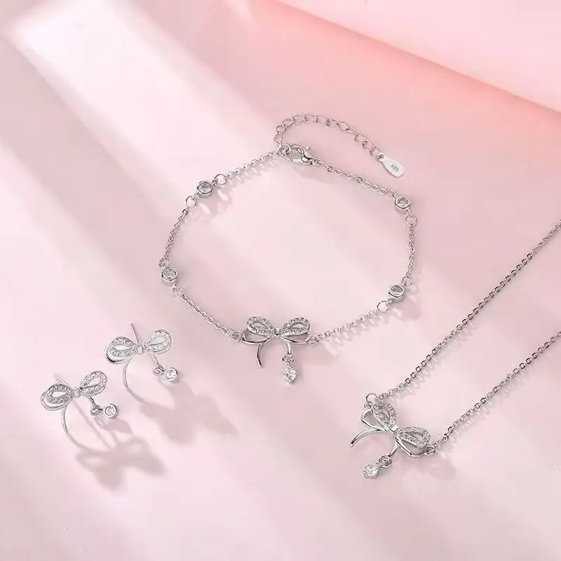 925 Sterling Silver Jewellery Sets Shiny Zirconia Bow Tie earrings, Bracelet and Necklace - Image 12