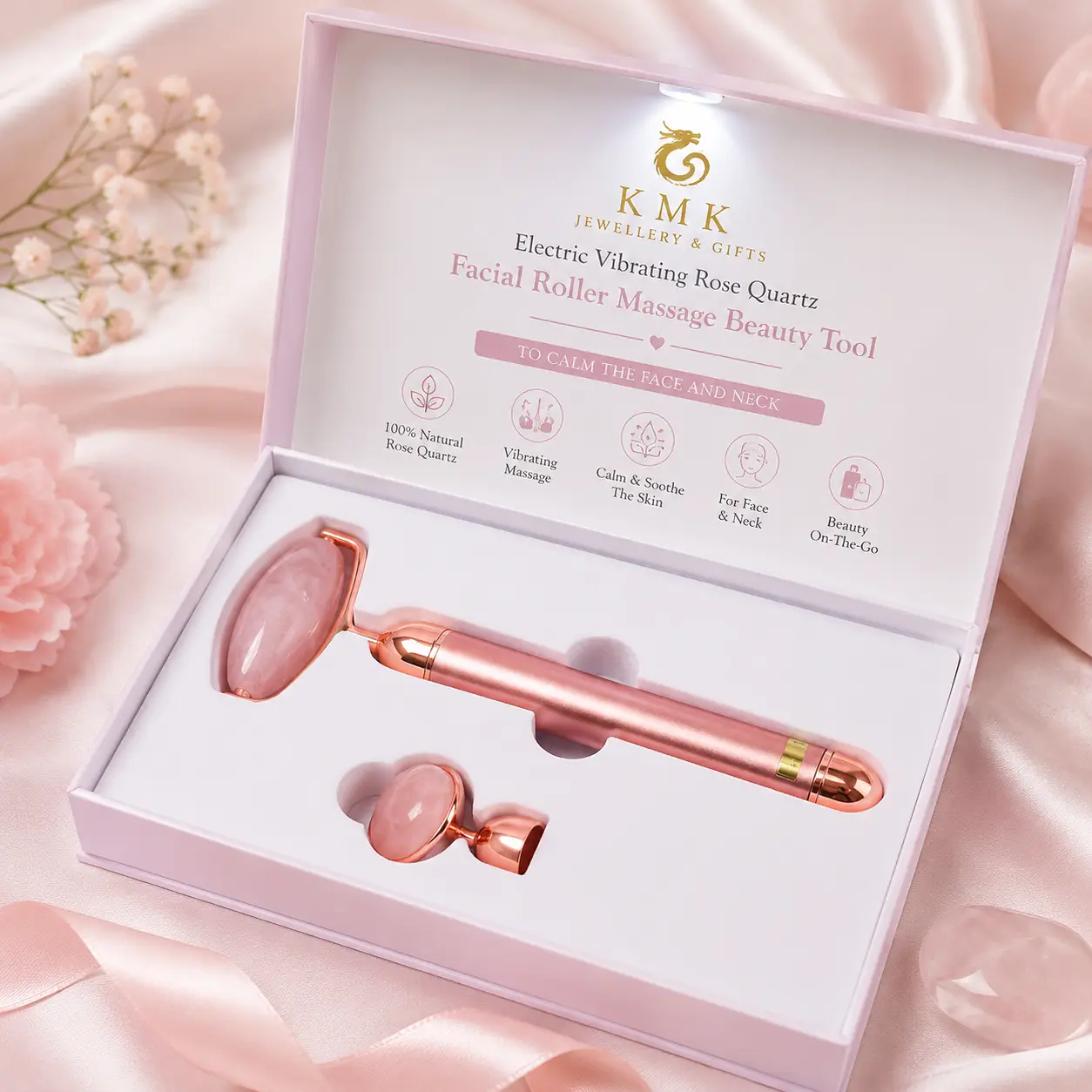 Electric Vibrating Rose Quartz Facial Roller Massage Beauty Tool