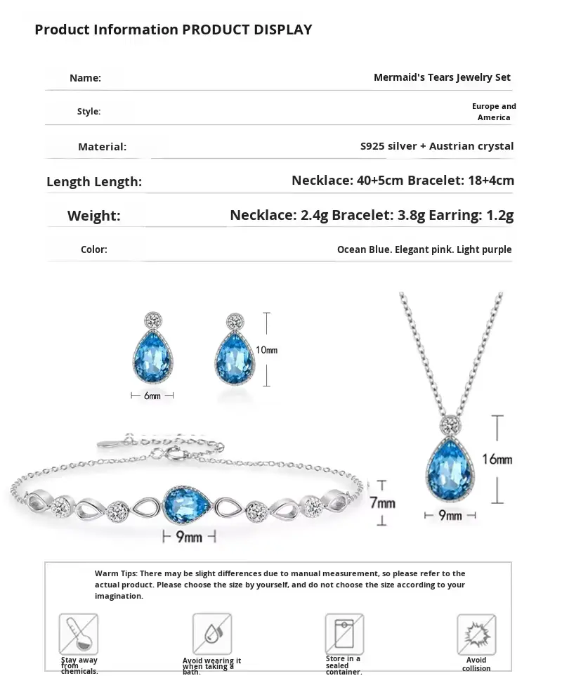 S925 Sterling Silver Women's Light Luxury Style Cross-border Mermaid's Tears Jewellery Set Natural Stone - Image 9