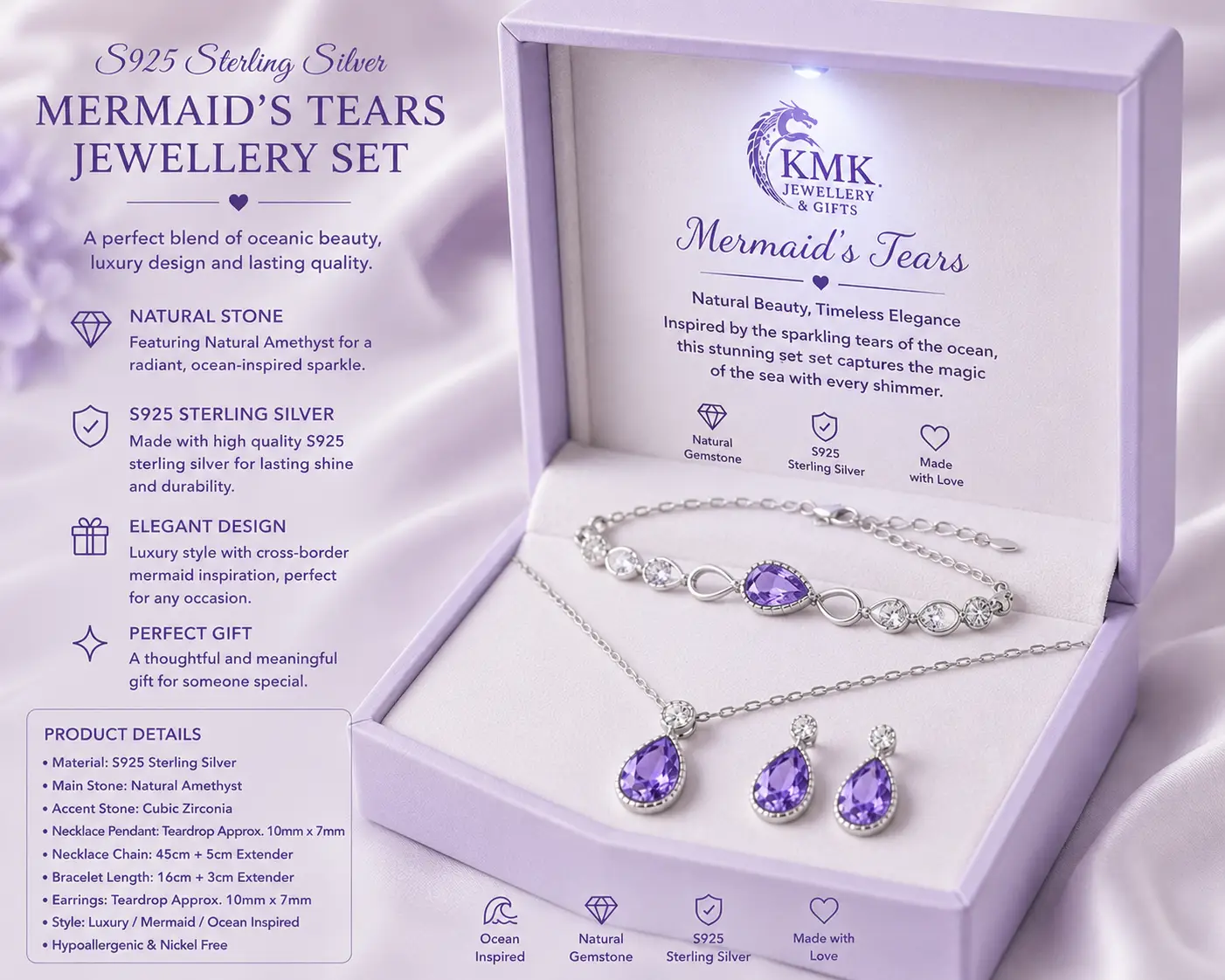 S925 Sterling Silver Women's Light Luxury Style Cross-border Mermaid's Tears Jewellery Set Natural Stone - Image 8