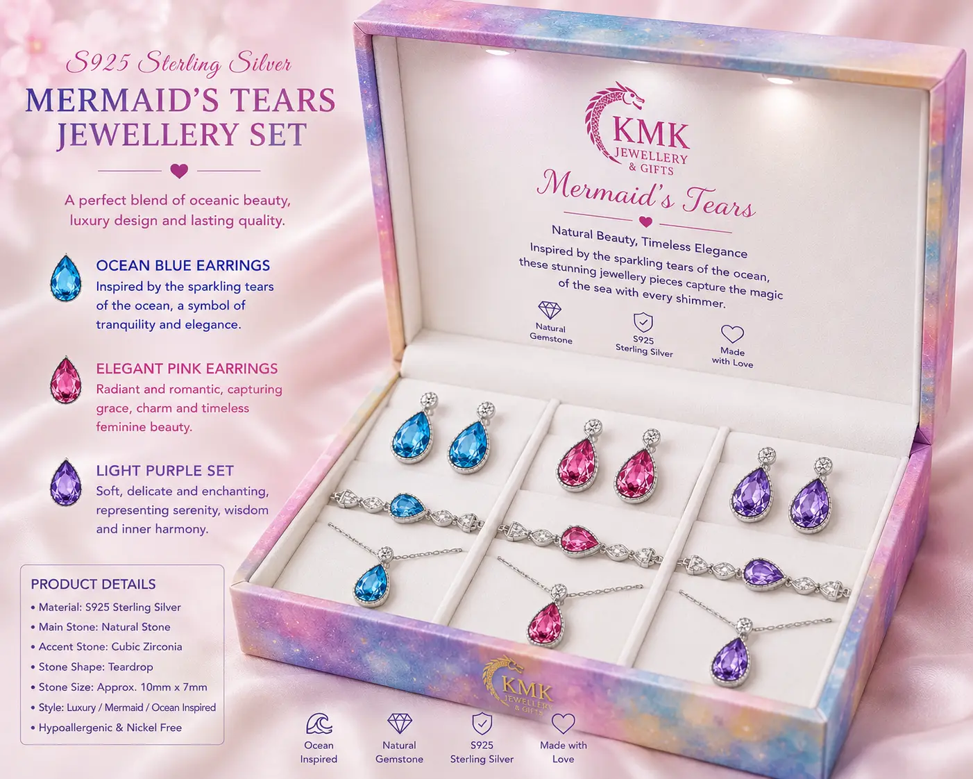 S925 Sterling Silver Women's Light Luxury Style Cross-border Mermaid's Tears Jewellery Set Natural Stone
