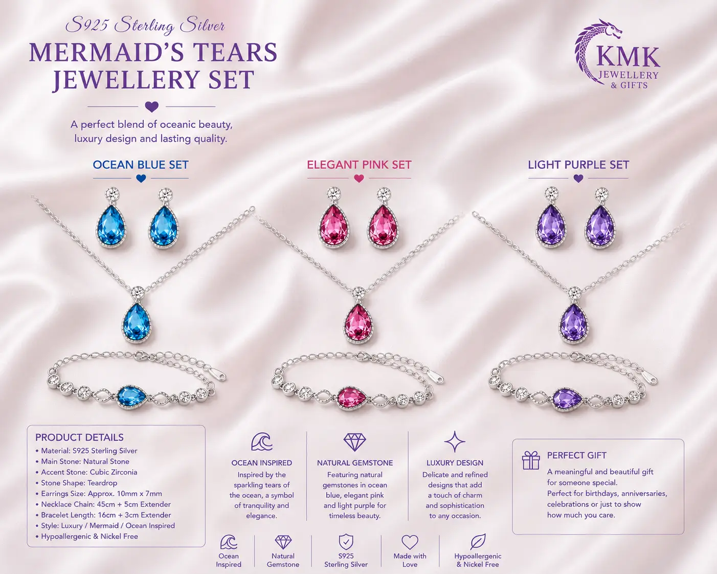 S925 Sterling Silver Women's Light Luxury Style Cross-border Mermaid's Tears Jewellery Set Natural Stone - Image 6