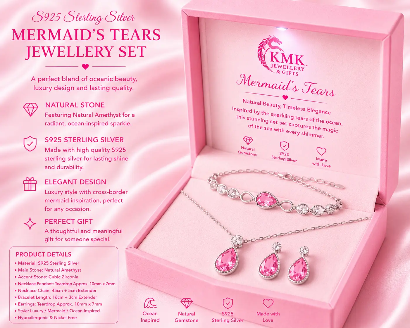 S925 Sterling Silver Women's Light Luxury Style Cross-border Mermaid's Tears Jewellery Set Natural Stone - Image 7