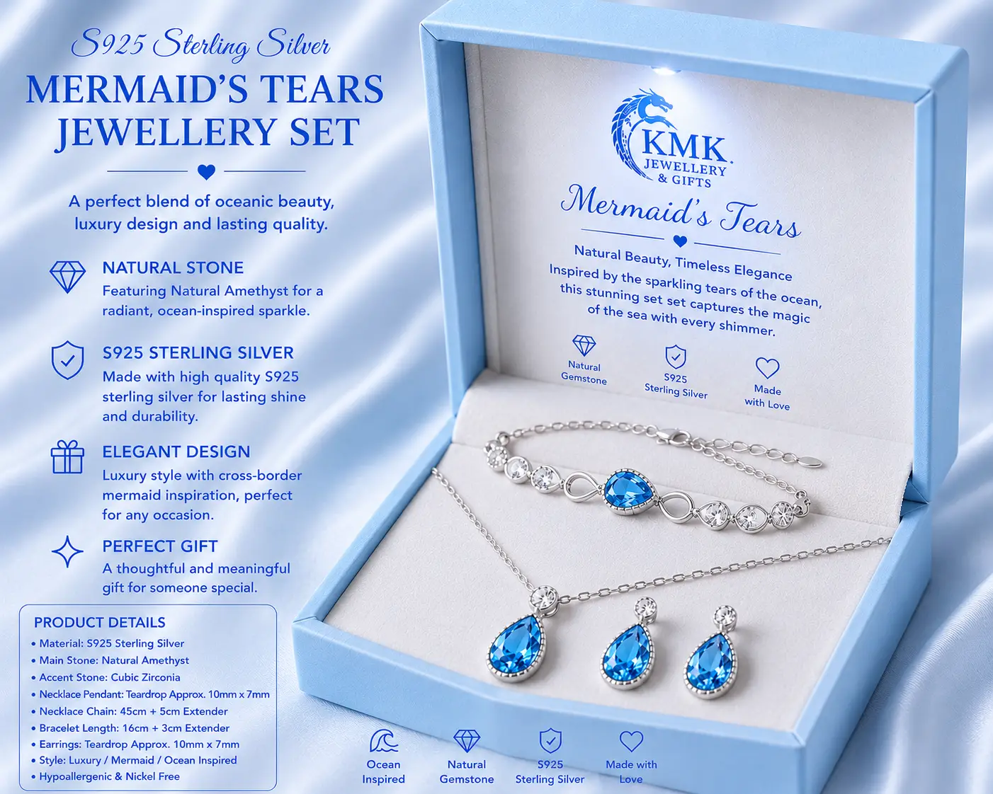 S925 Sterling Silver Women's Light Luxury Style Cross-border Mermaid's Tears Jewellery Set Natural Stone - Image 5