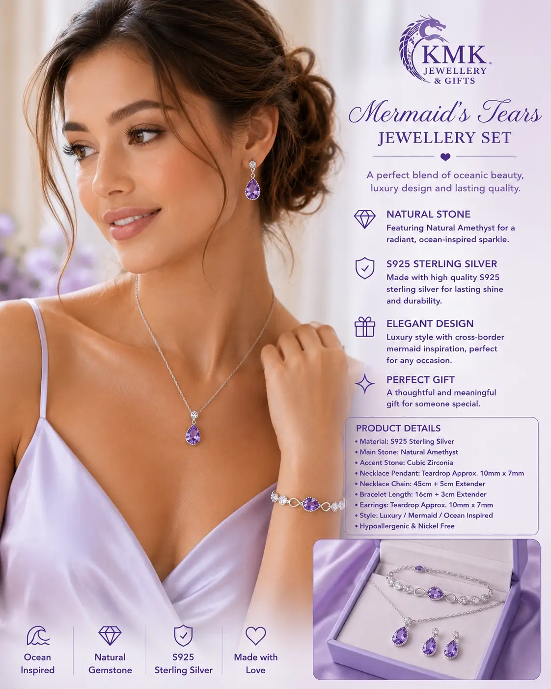 S925 Sterling Silver Women's Light Luxury Style Cross-border Mermaid's Tears Jewellery Set Natural Stone - Image 2