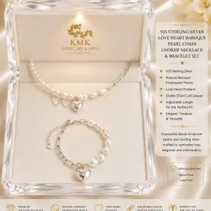 925 Sterling Silver Love Heart Baroque Pearl Bracelets Chain Choker Necklace