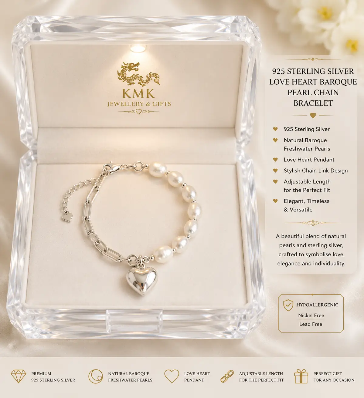 925 Sterling Silver Love Heart Baroque Pearl Bracelets Chain Choker Necklace - Image 6